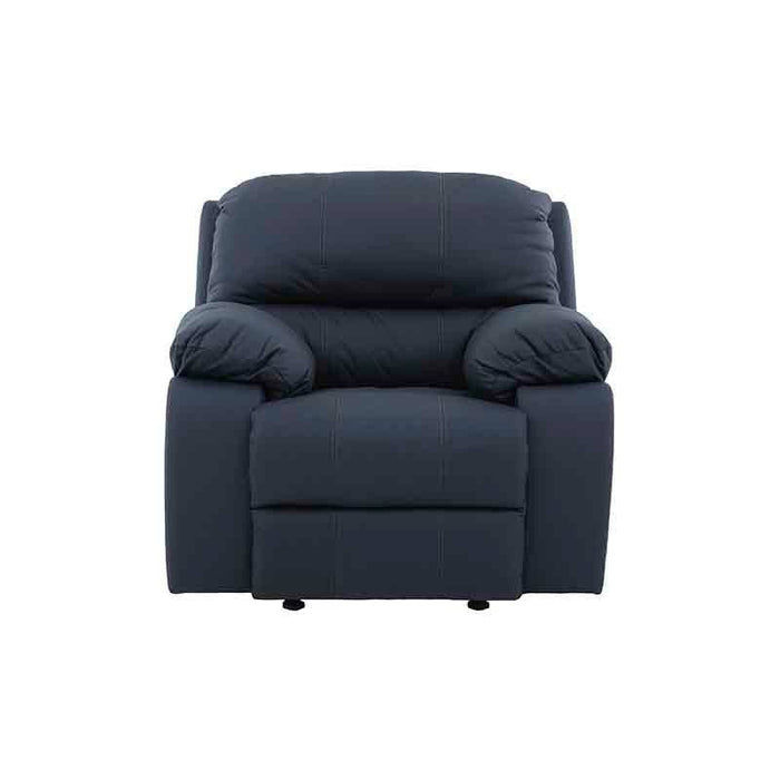 Sillón individual Sala Enzo III en cuero azul cobalto, moderno y cómodo, con respaldo y asiento acolchado, en ambiente de sala.