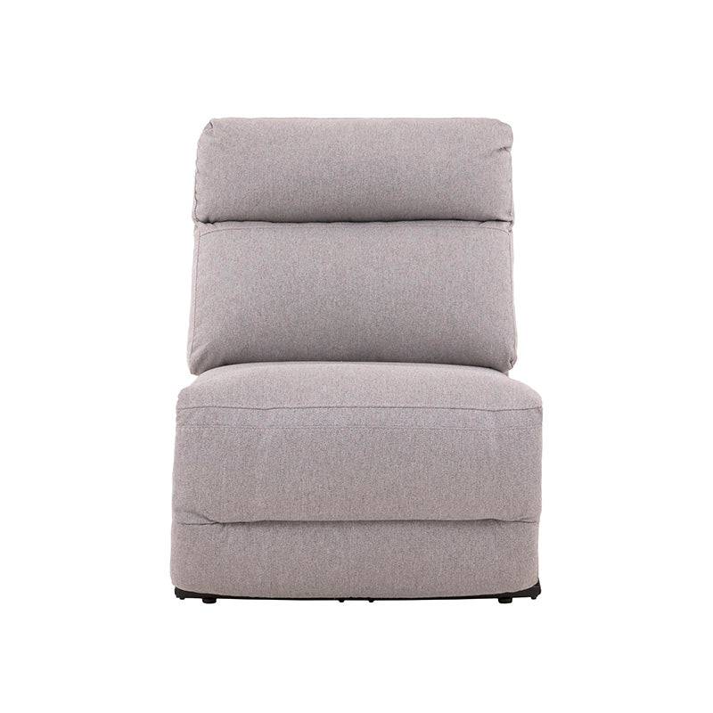 Sillón central reclinable de la sala Pauda II en tono gris, módulo de sala de tapiz en tela, frente 80 cm, alto 100 cm, fondo 90 cm.