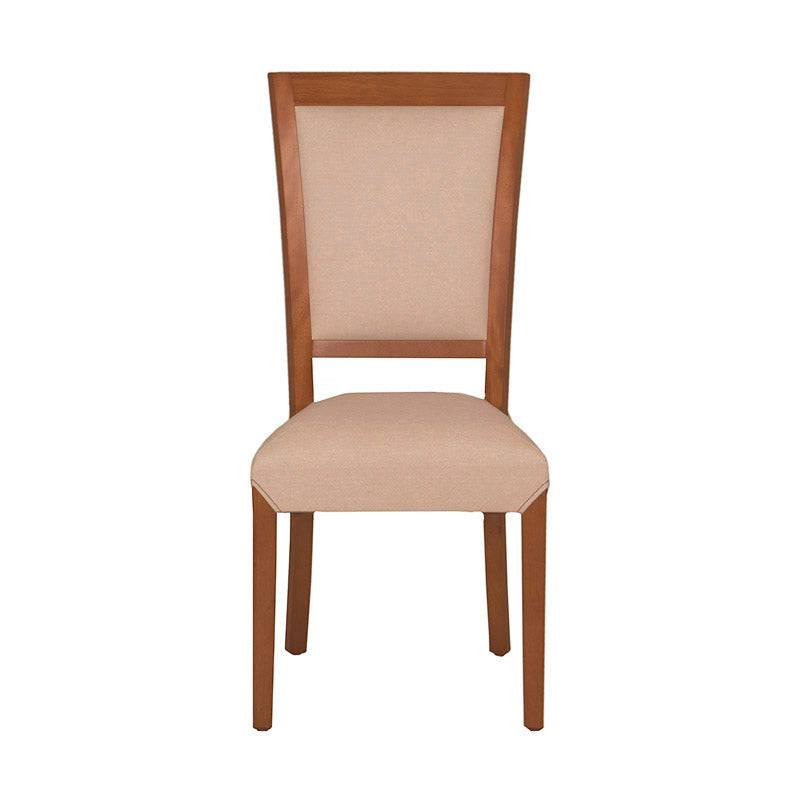 Silla Siena de comedor de madera con tapizado en cuero, en color café almendra, altura 105 cm, frente 48 cm, fondo 49 cm.