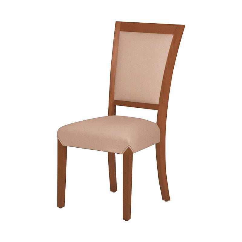 Silla Siena de comedor de madera de Banak con tapiz de cuero, color café almendra, deoupe.com.mx, vista frontal.