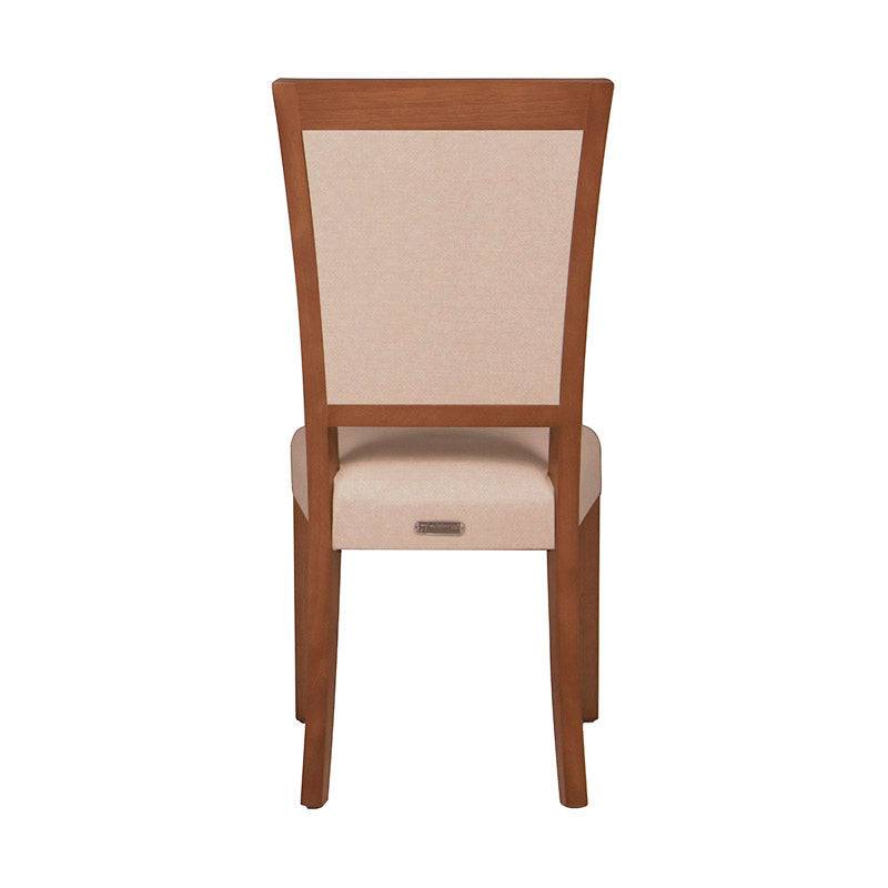 Silla Siena de comedor de madera de banak y encino con tapizado leather touch en color café almendra, vista frontal.