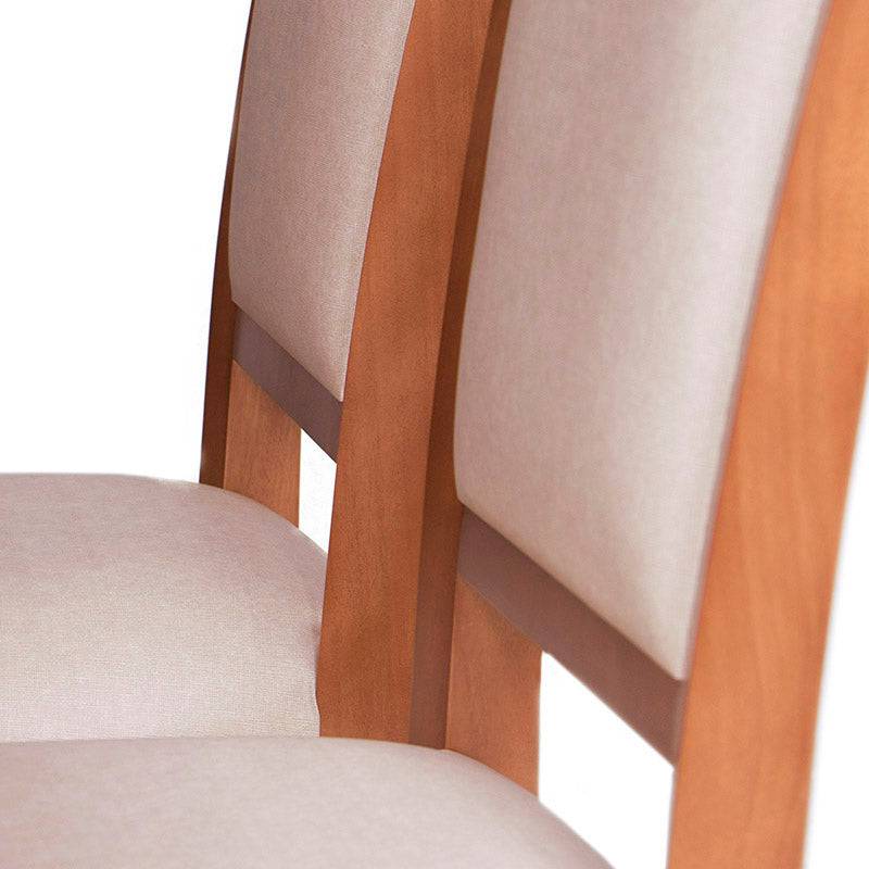 Silla Siena de comedor de madera de banak y chapa de encino y okumé con tapiz de cuero en tono café almendra, frente y vista lateral.