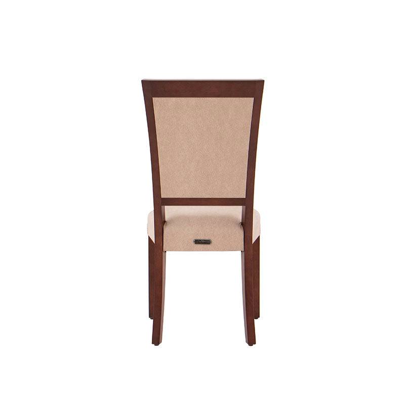 Silla Siena de comedor de madera de banak con tapiz de cuero, en color cacao y almendra, con respaldo y asiento acolchado.