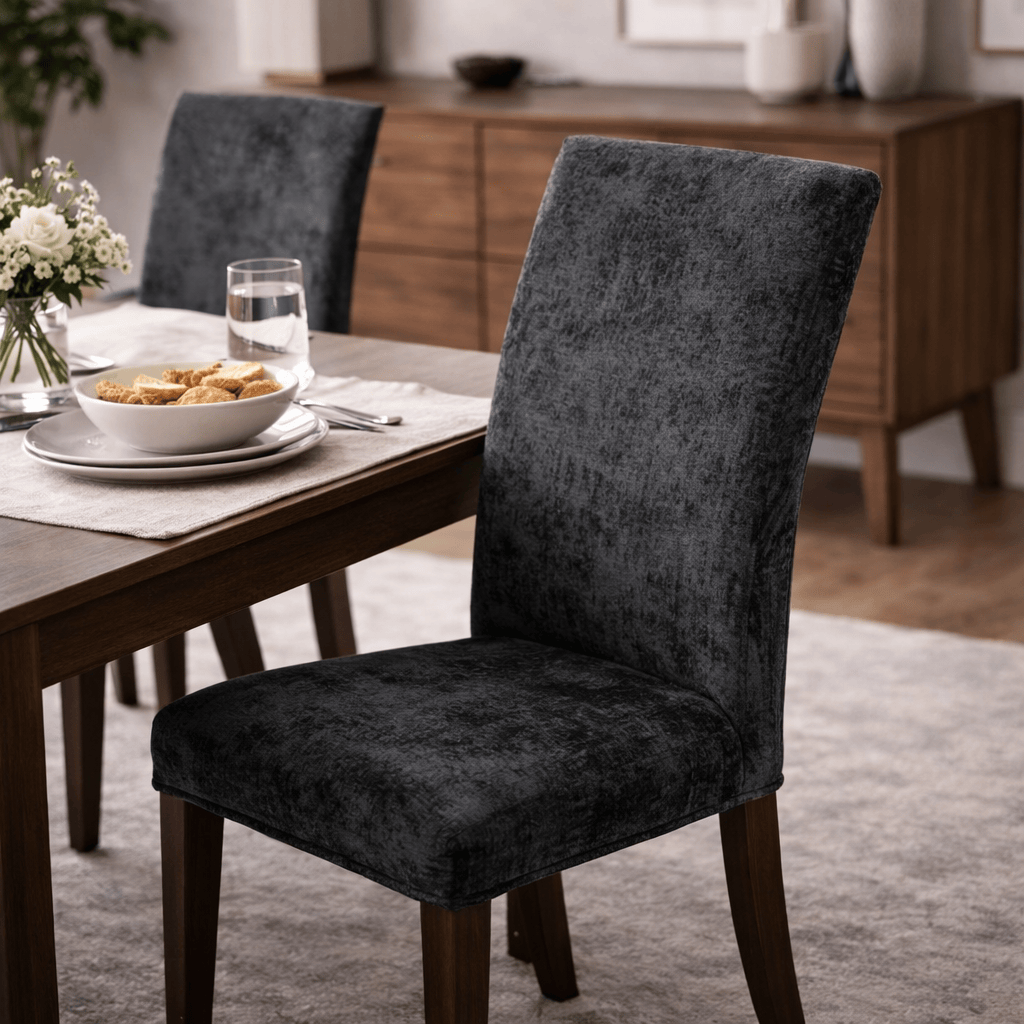 Silla de comedor Vemer en color gris, tapizada en tela. Imagen 2.