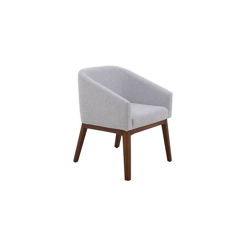 Silla de comedor Atenea de color nogal y gris con tapizado de tela, frente 59 cm, altura 90 cm, fondo 57 cm.