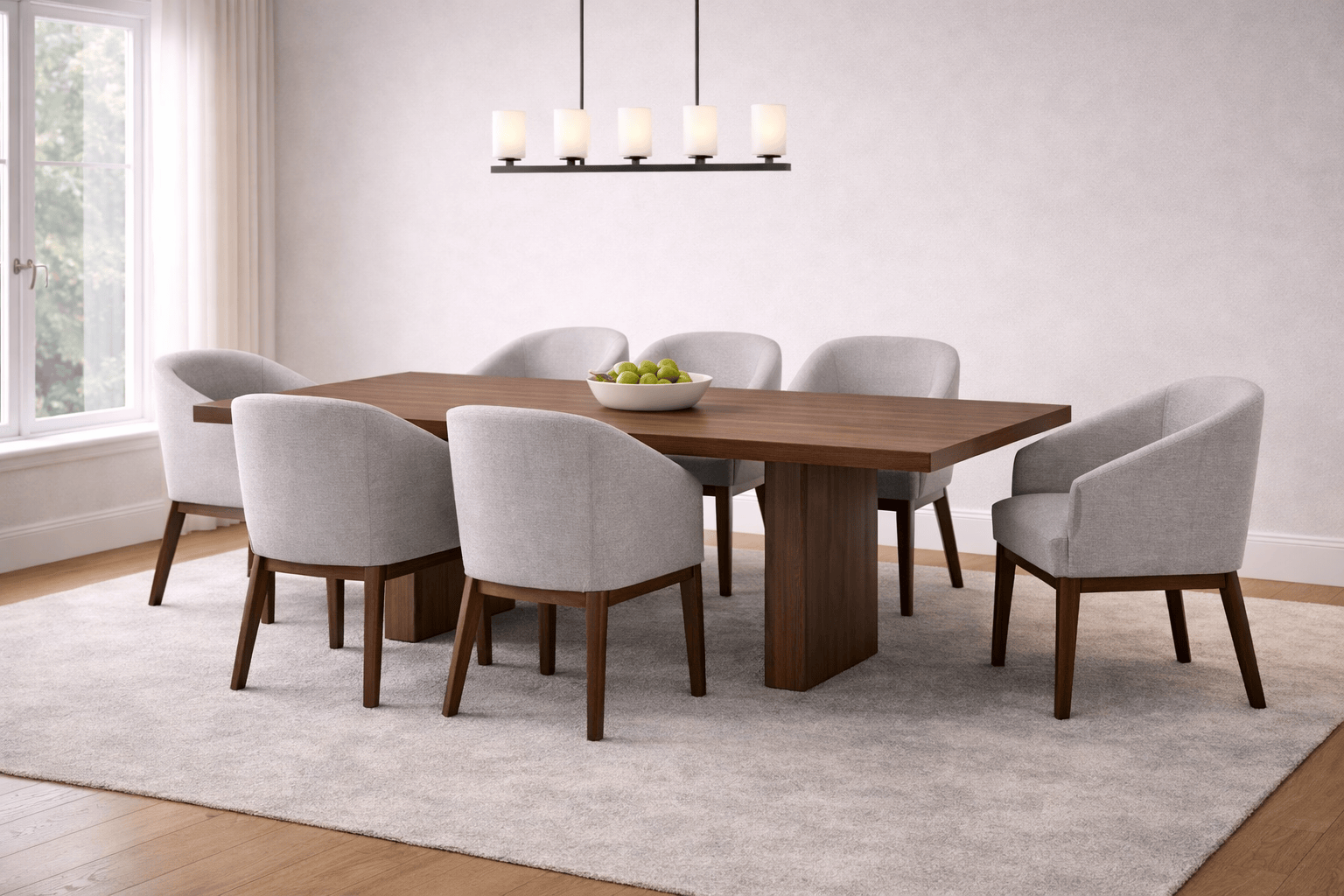 Juego de comedor Quetzal de 7 piezas con sillas de nogal y gris, tapizadas en tela, con medidas de 59x90x57 cm.