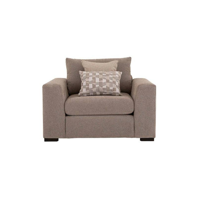 Sillón individual Oporto en juego de sala de tres piezas, tapizado en tela gris oscuro, cómodo y moderno.