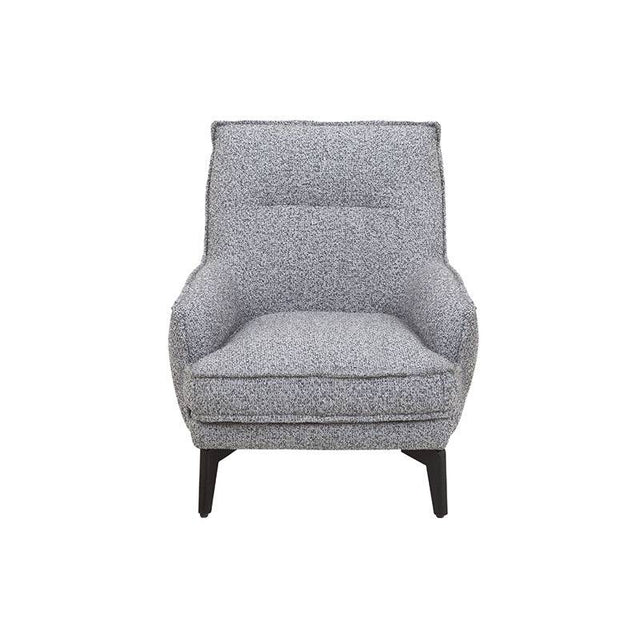 Sillón Andrea Berlin de tapiz gris con estructura moderna, vista frontal, tamaño compacto y estilo elegante.