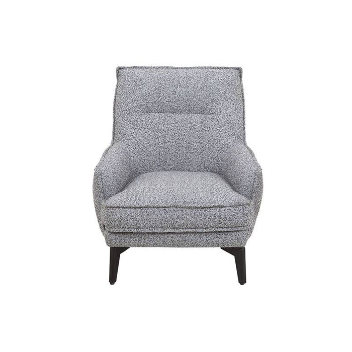 Sillón Andrea Berlin de tapiz gris con estructura moderna, vista frontal, tamaño compacto y estilo elegante.