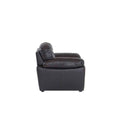 Sillón de sala Carter deoupe.com.mx en cuero moka, con respaldo y asiento acolchado, frente y vista lateral.