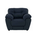 Juego de sala Carter de cuero en color moka, incluye sillones con asientos y respaldos acolchados, vista frontal.