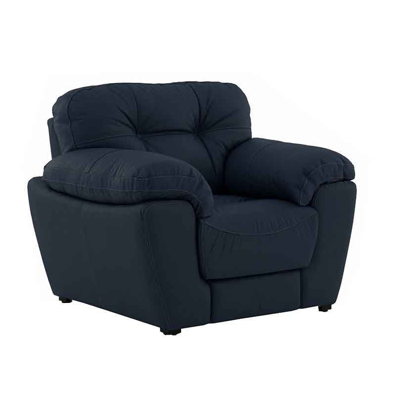 Sillón Carter de piel color moka deurope.com.mx, vista frontal, con detalles de textura y dimensiones visibles.