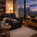 Sofá de sala Carter de cuero moka, juego de 3 piezas con sillones grandes y cómodos, en ambiente moderno.