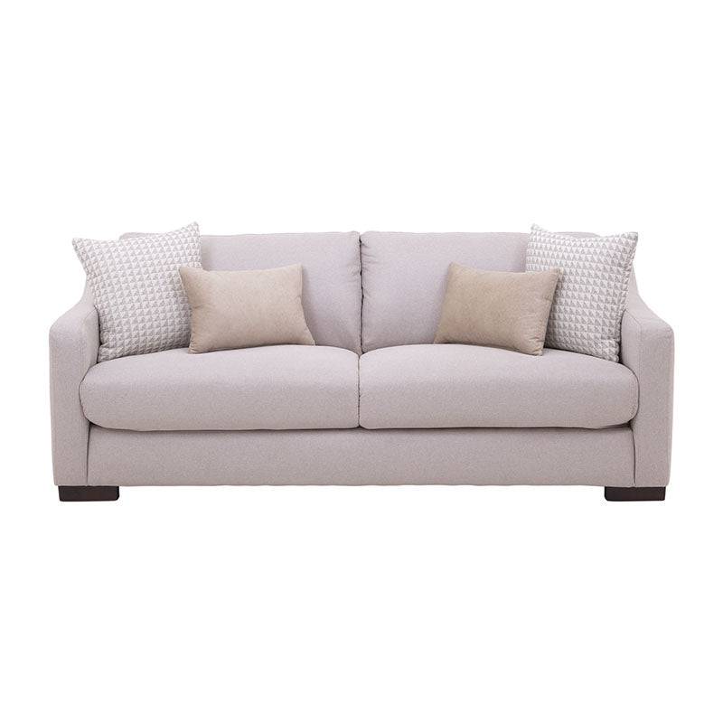 Sofá Michelle de color beige de sofá de tela con textura afelpada, estilo moderno y cómodo para sala de estar.