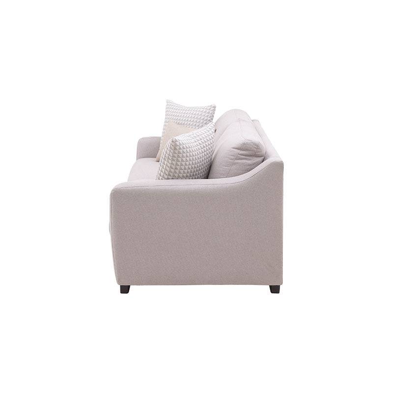 Sofá Michelle de cuero beige con textura afelpada, estilo moderno en sala de estar, fabricado por deurope.com.mx