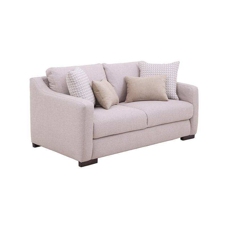Sofá Michelle de color beige de tela con textura afelpada, estilo moderno y cómodo para sala de estar.