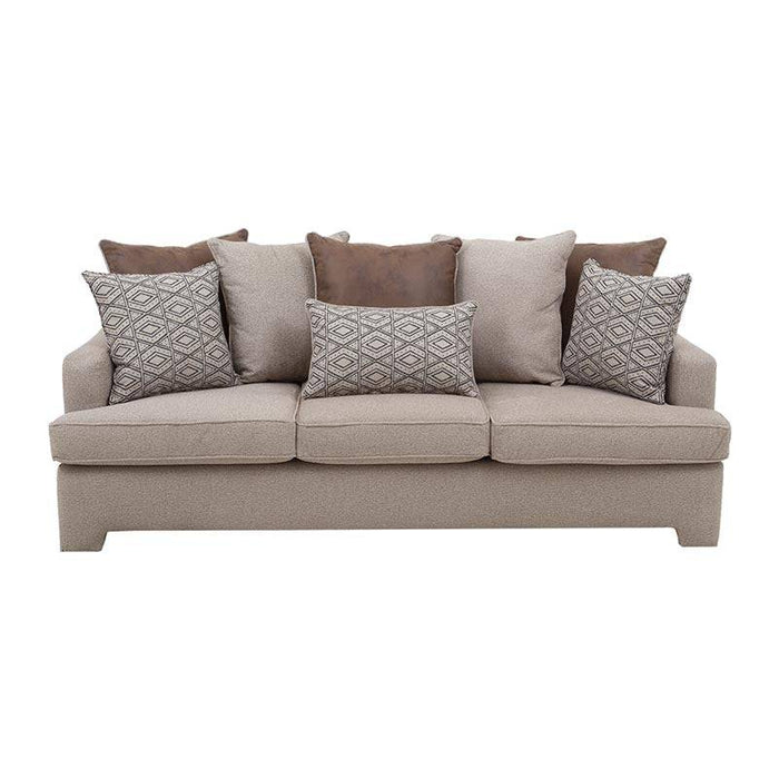 Sofá de sala Quebec de 2 piezas en tejido café con textura afelpada, mide 220 cm de largo, ideal para ambientes modernos.