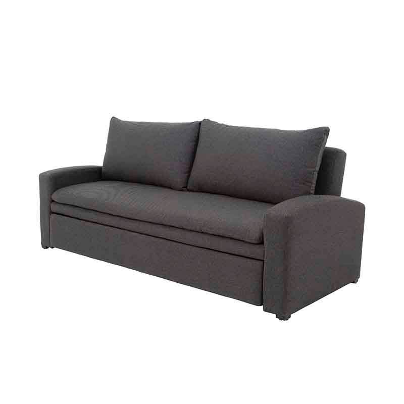 Sofá cama Caruso de Deurope en gris oxford, tela tejida plana, con frente y dimensiones visibles en la imagen.