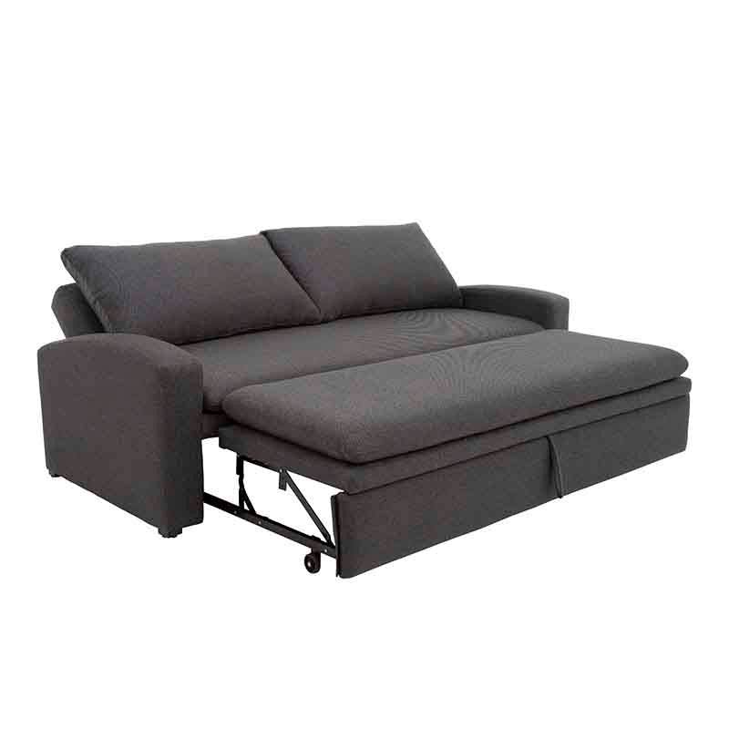 Sofá cama Caruso gris de tela oxford, con estructura moderna y espacio para dormir, de Deurope.com.mx.