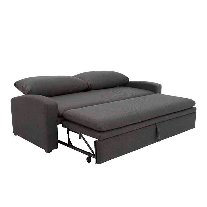 Sofá cama Caruso deDeurope.com.mx en tela gris Oxford, con estructura y dimensiones visibles.