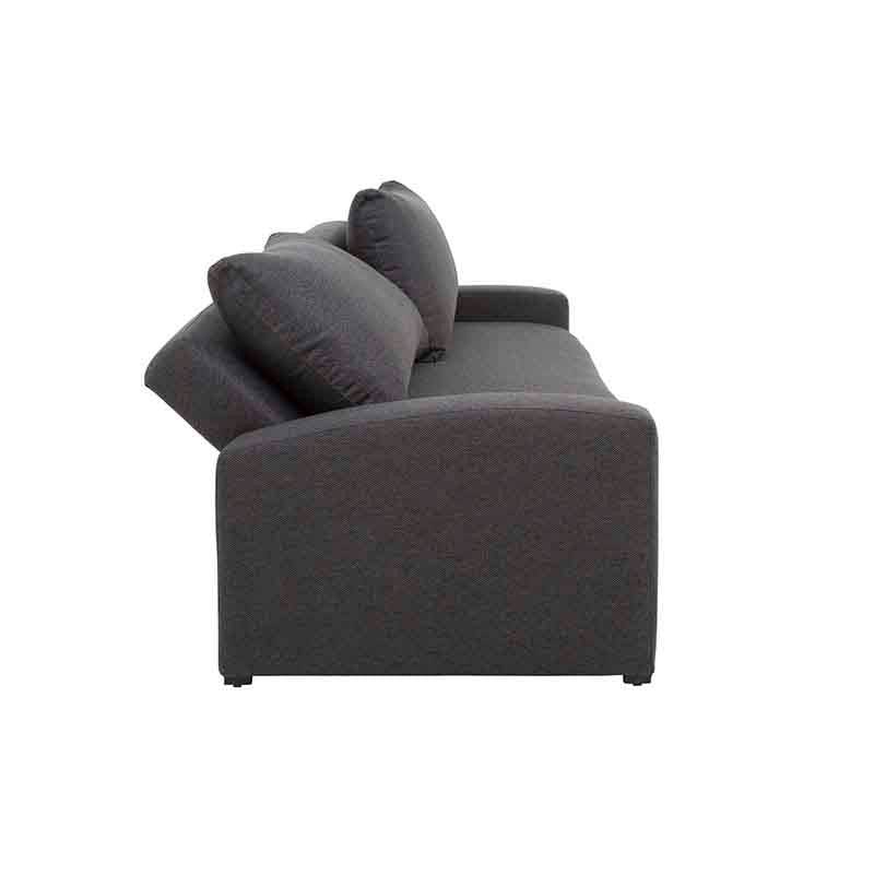 Sofá cama Caruso de color gris oxford, tapizado en tela tejida, con estructura moderna y tamaño compacto.