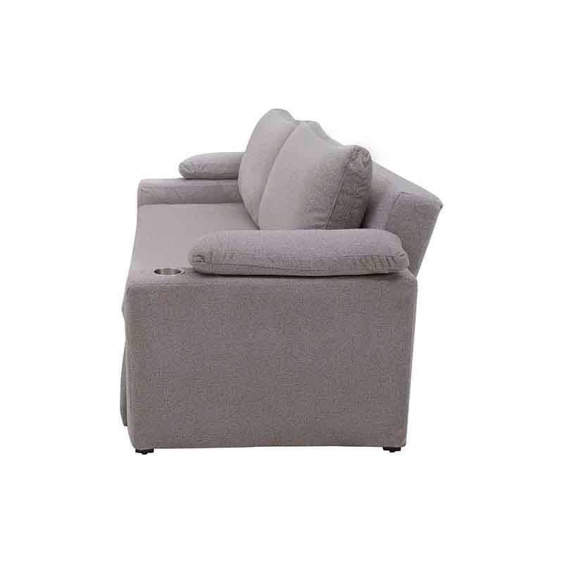 Sofá cama matrimonial Vittorio en tela gris claro, con diseño moderno y estructura de sofá en color plateado.