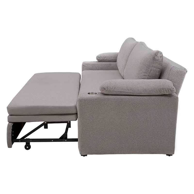 Sofá cama matrimonial Vittorio en gris claro con tapiz de tela, estructura moderna y tamaño compacto para salón.