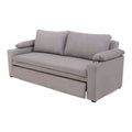 Sofá cama matrimonial Vittorio de tapiz gris claro, con diseño moderno y estructura de sofá en tela, frente a la imagen.