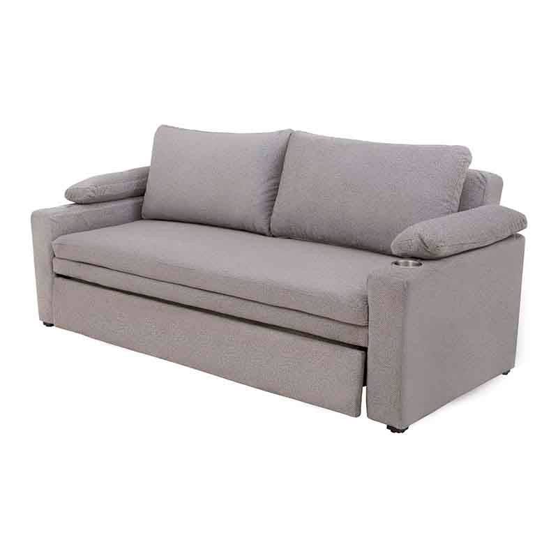 Sofá cama matrimonial Vittorio de color gris claro en tela, con estructura moderna y tamaño compacto para espacios pequeños.