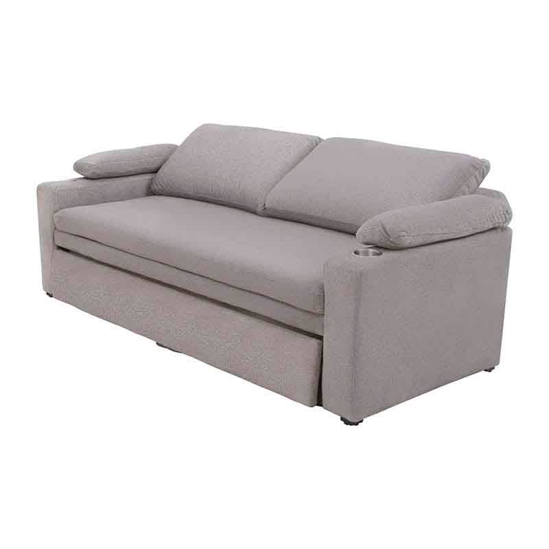 Sofá cama matrimonial Vittorio en gris claro de tapiz de tela, con espacio para dormir y asiento cómodo en estilo moderno.