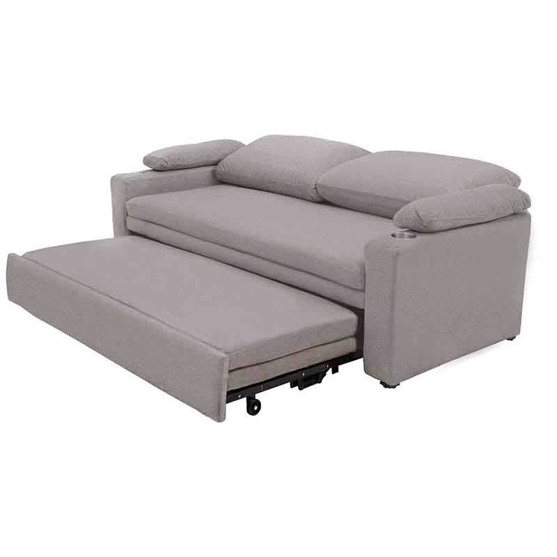 Sofá cama matrimonial Vittorio de color gris claro con tapiz de tela, frente, con dimensiones de 213 cm de ancho, 95 cm de alto y 93 cm de fondo