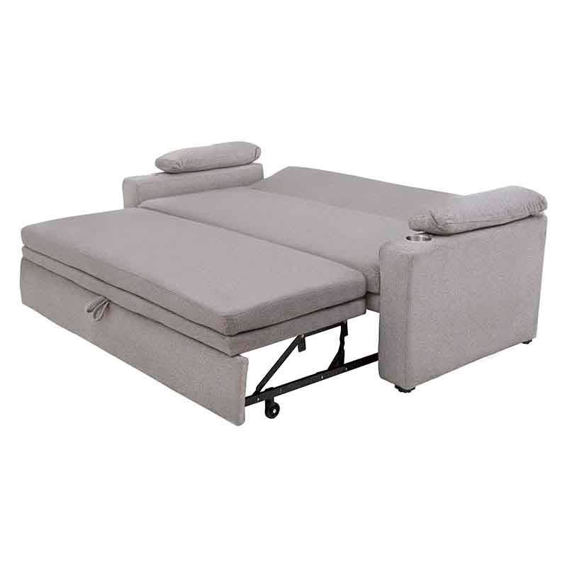 Sofá cama matrimonial Vittorio en tela gris claro, con diseño moderno y dimensiones de 213 cm de ancho, 95 cm de alto y 93 cm de fondo.