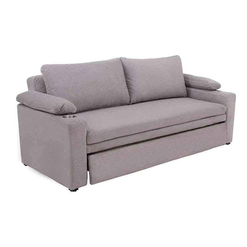 Sofá cama matrimonial Vittorio en gris claro de tapiz de tela, con respaldo y asientos cómodos, tamaño 213 cm de ancho.