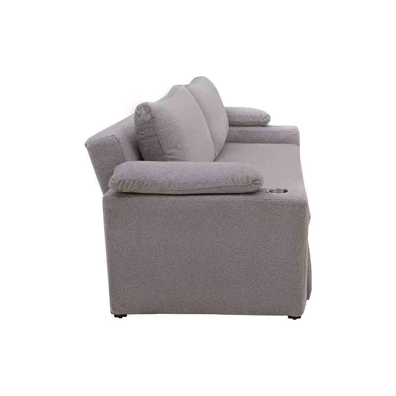 Sofá cama matrimonial Vittorio en tela gris claro, con diseño moderno y estructura de sofá en color plata, frente a la cámara.