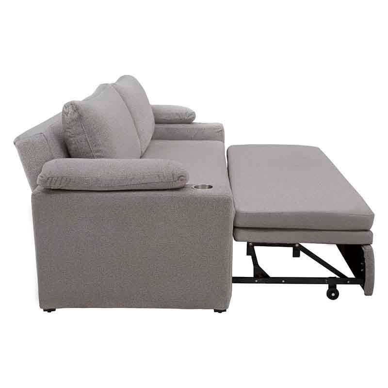 Sofá cama matrimonial Vittorio de color gris claro en tela, con diseño moderno, frente, altura y fondo visibles.