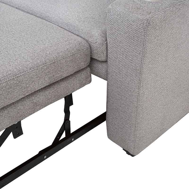 Sofá cama matrimonial Vittorio de Deurope en gris claro con tapiz de tela, mostrando el frente y sus dimensiones.