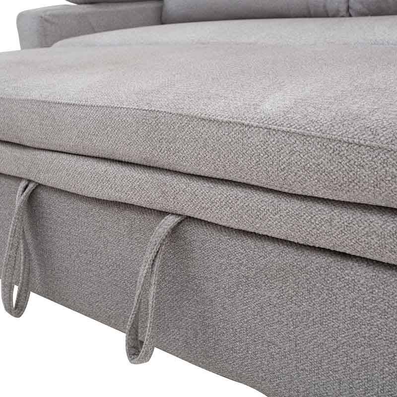 Sofá cama matrimonial Vittorio de color gris claro, tapizado en tela, con espacio para dormir y estructura moderna.