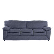 Sofá Calvin de color gris en microfibra nobuck, con respaldo y cojines, mide 223 cm de ancho, 90 cm de alto y 91 cm de fondo.