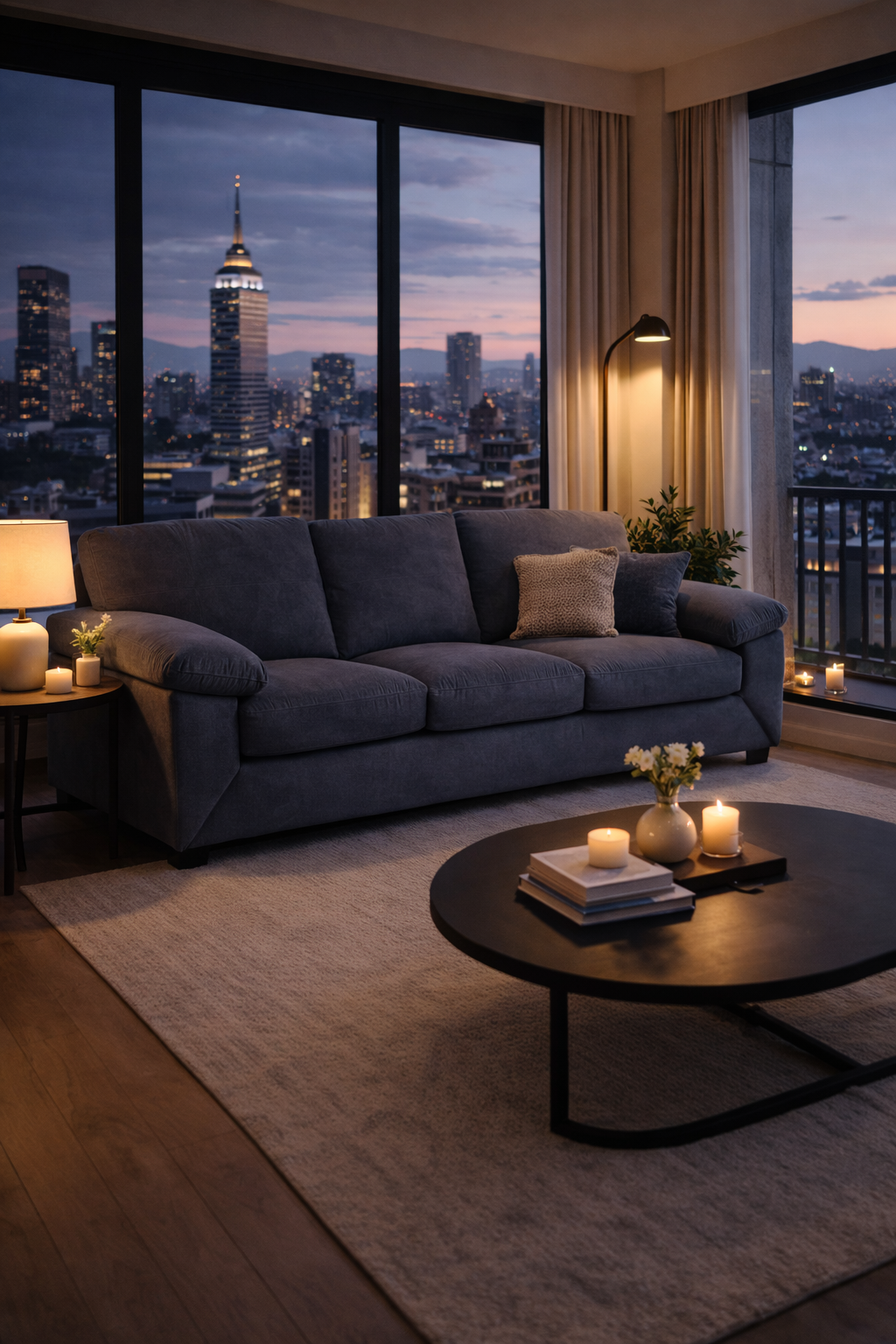 Sofá Calvin de microfibra gris de aproximadamente 223 cm de largo, con cojines y estructura moderna en imagen.