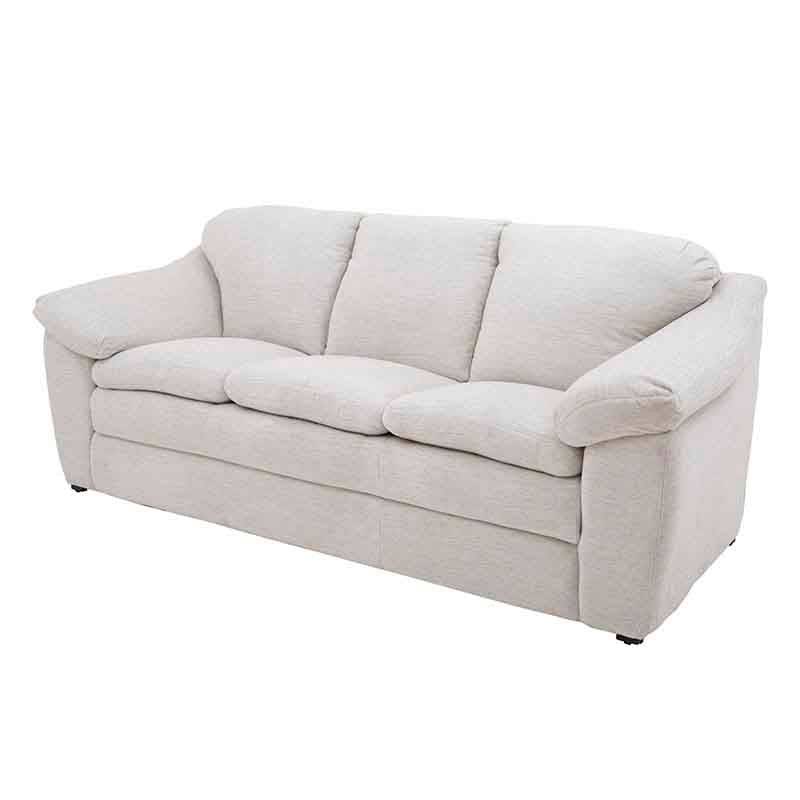 Sofá Chloe de deurope.com.mx en tela marfil, con estructura moderna, frente de 212 cm y cojines cómodos.