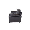 Sofá Carter de Deurope.com.mx en piel color moka, con asiento amplio y respaldo acolchado, frente y vista lateral.