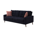 Sofá Eugenia de Deurope.com.mx en tela negra con textura afelpada, estructura de madera de pino, frente y vista lateral.