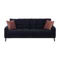 Sofá Eugenia deurope.com.mx en tela con textura afelpada, en color negro, con estructura de madera de pino, frente y vista lateral.