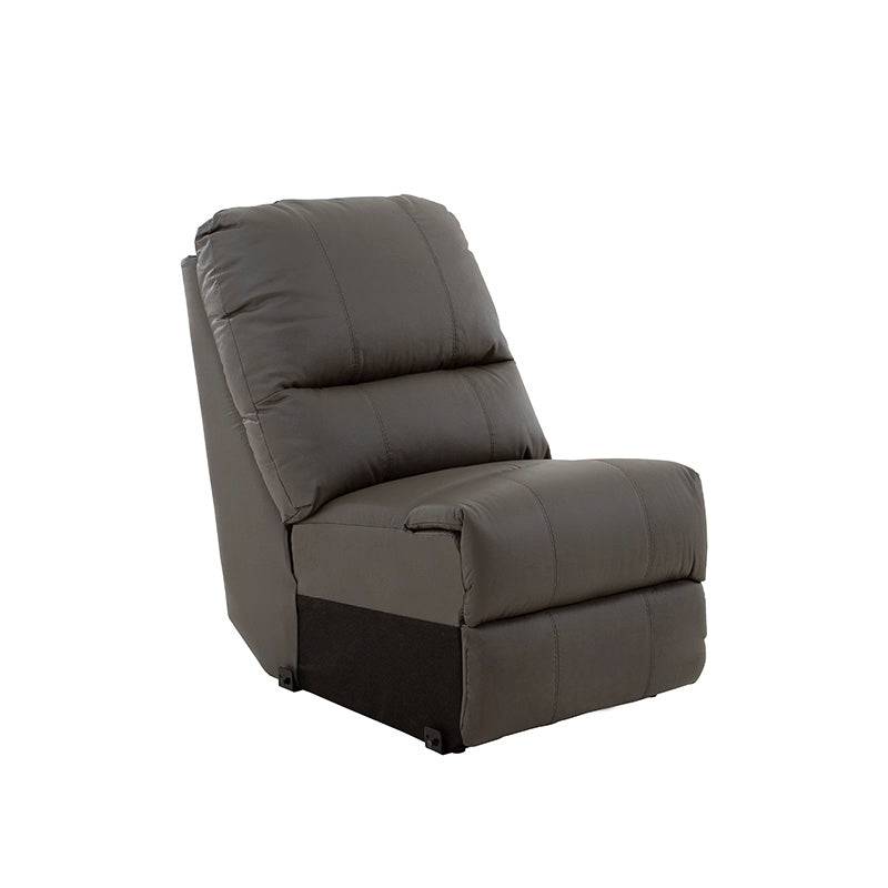 Sillón central Enzo III de D’europe en gris oscuro con acabado en piel y toque de cuero, en sala moderna, frente y vista lateral.