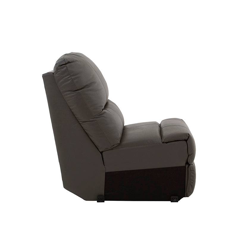 Sillón central ENZO III de D'europe en color gris oscuro con acabado en piel y leather touch, en sala, frente y vista lateral.