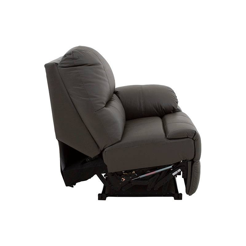 Sala ENZO III lateral derecha en gris oscuro con piel y toque de cuero, mide 85 cm de alto, 97 cm de ancho y 100 cm de fondo.