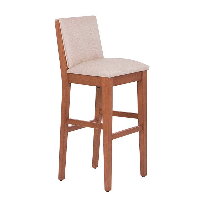 Banco Siena deurope.com.mx, banco para barra en madera de almendra beige con tapiz de cuero, 101 cm de alto y 42 cm de fondo.