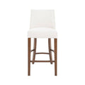 Banco para barra Berne Made deurope.com.mx con estructura de nogal, tapizado en tela beige, frente de 46 cm, alto 112 cm, fondo 45 cm.