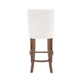 Banco para barra Berne Made deoupe.com.mx, tapizado en tela tejida beige con estructura de madera nogal, frente de 46 cm y altura de 112 cm.