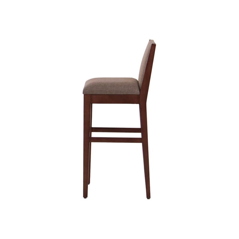 Banco Quebec de madera de nogal con tapiz de tela, frente de 42 cm, altura 101 cm y fondo 41 cm, estilo moderno y funcional.